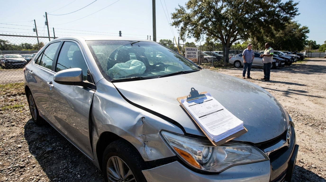 damaged sedan with deployed airbag and clipboard of documents at insurance auction lot