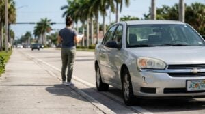 woman holding clipboard beside damaged Chevrolet sedan with Florida license plate