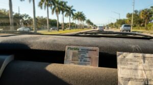Florida Auto Insurance card and vehicle registration document on car dashboard