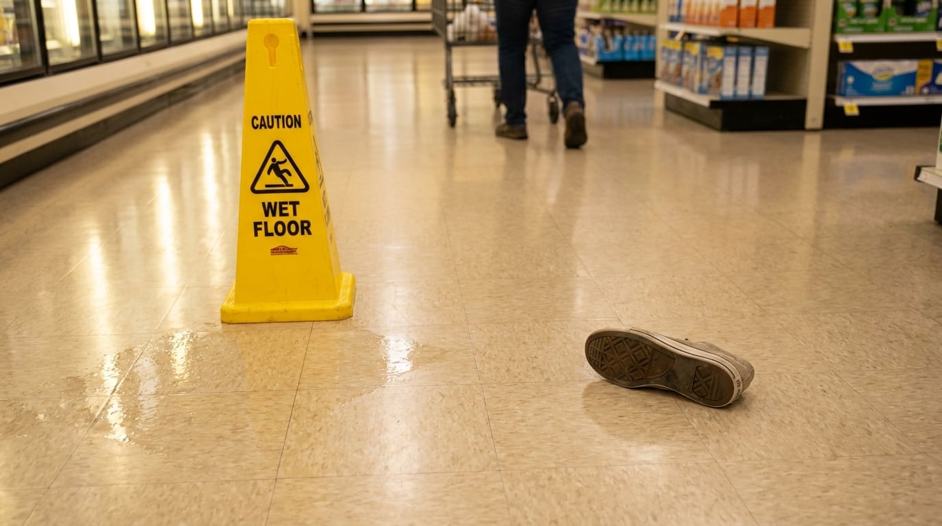 Caution Wet Floor sign beside lost shoe on slippery grocery store aisle