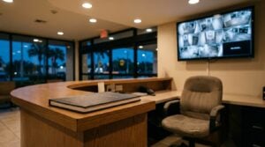 security guard desk with logbook and multi-camera surveillance monitor on wall