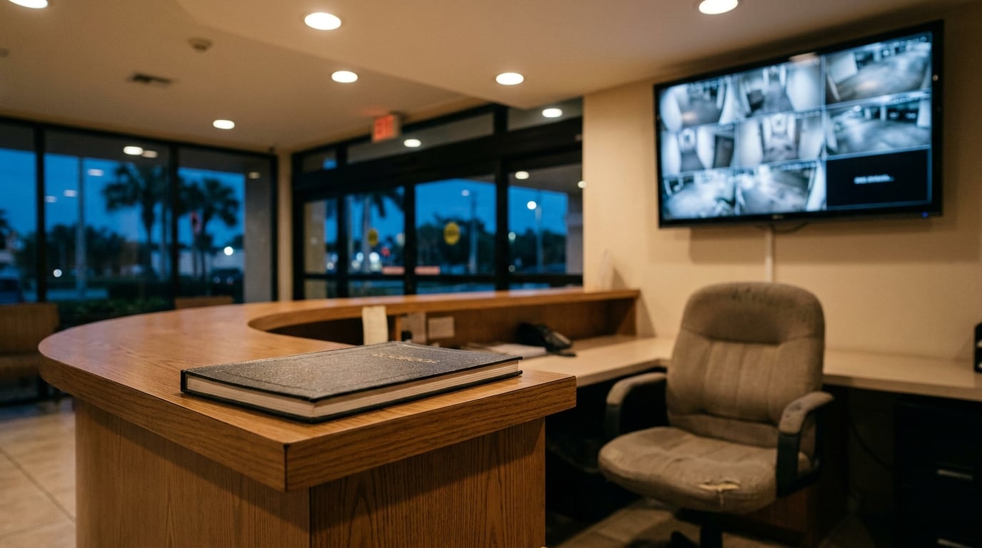security guard desk with logbook and multi-camera surveillance monitor on wall
