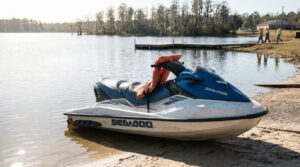 Sea-Doo personal watercraft with life jacket resting on lake shoreline near dock
