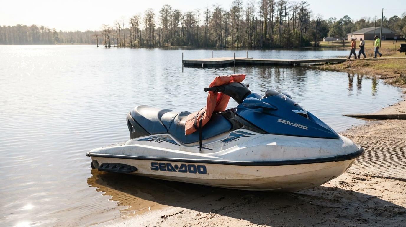 Sea-Doo personal watercraft with life jacket resting on lake shoreline near dock