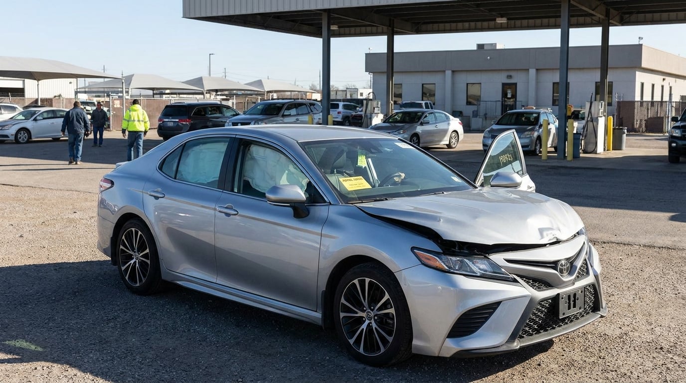 damaged sedan with Total Loss label on windshield at salvage yard