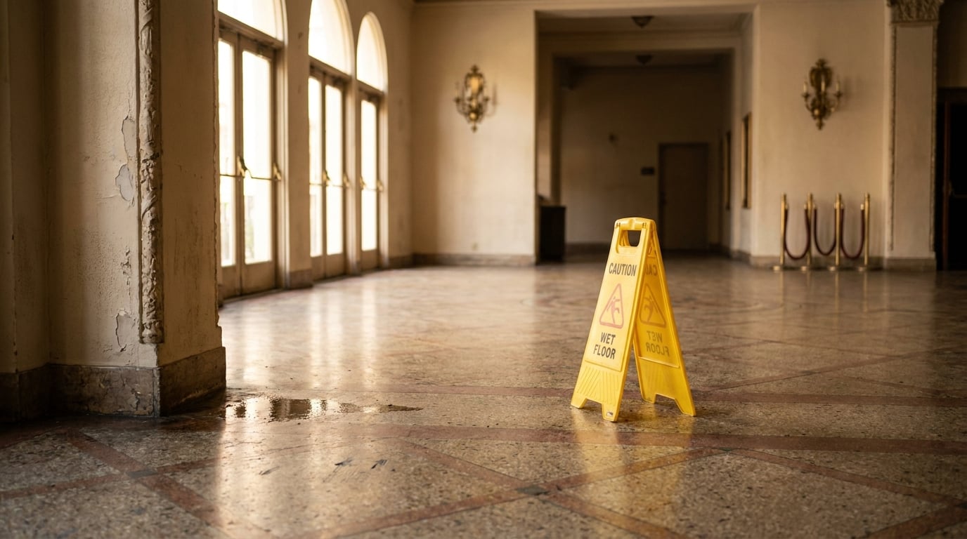 Caution wet floor warning sign placed on wet marble hallway floor