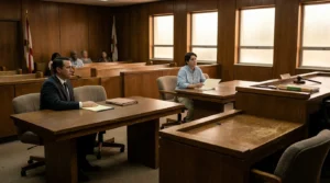 attorney and client seated at courtroom tables during legal proceeding with gavel visible