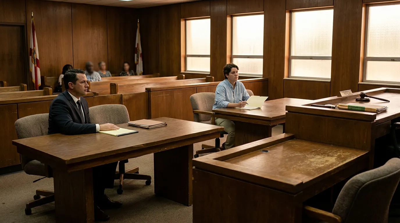 attorney and client seated at courtroom tables during legal proceeding with gavel visible