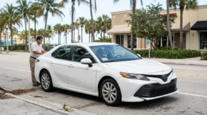 man standing beside parked Toyota Camry sedan on urban Florida street