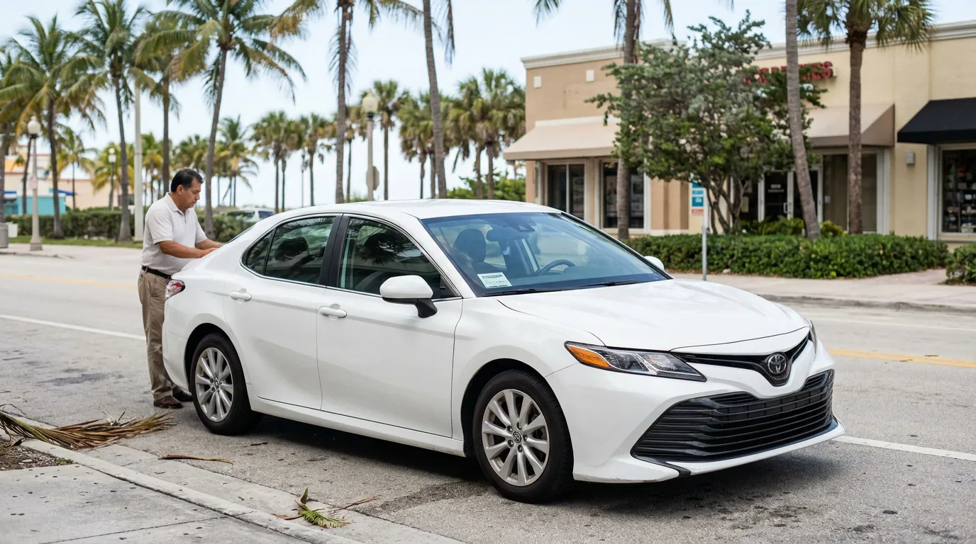 man standing beside parked Toyota Camry sedan on urban Florida street