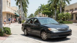 Toyota Camry sedan navigating downtown intersection near pedestrian sidewalk