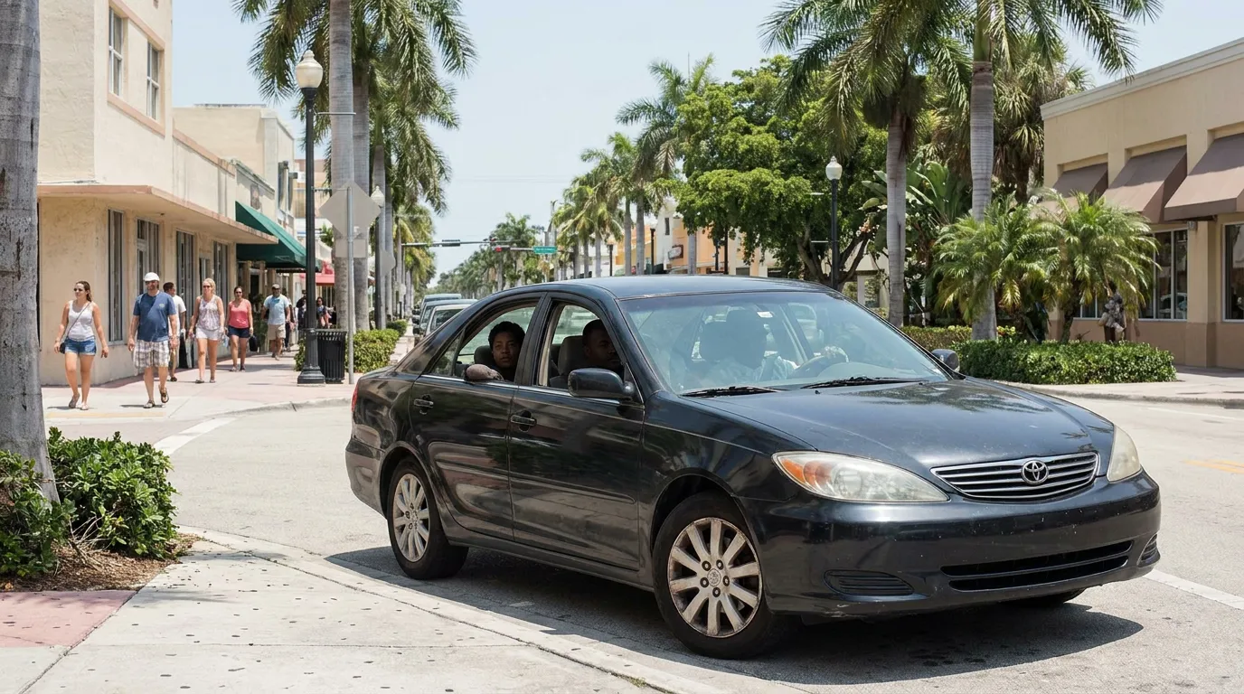 Toyota Camry sedan navigating downtown intersection near pedestrian sidewalk