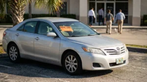 Toyota sedan with Total Loss sign displayed on windshield in parking lot