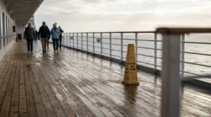 Caution Wet Floor sign on wet cruise ship deck with passengers walking nearby