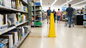 wet floor warning cone placed near liquid spill in retail store aisle