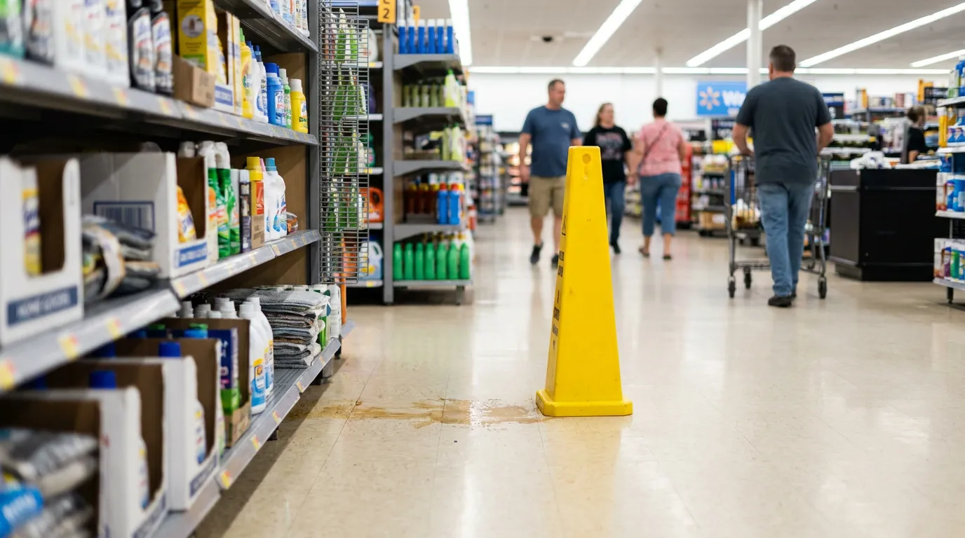 wet floor warning cone placed near liquid spill in retail store aisle