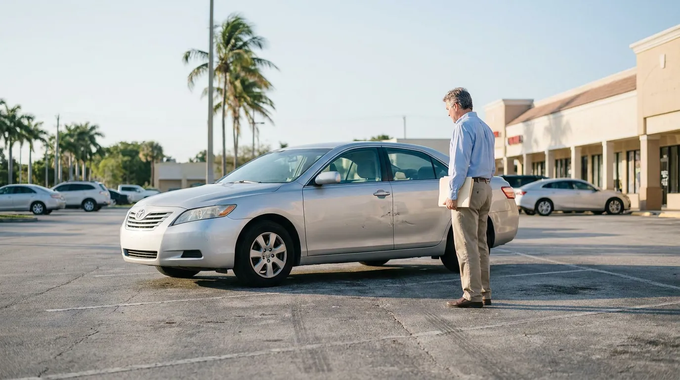 man holding documents inspecting sedan with visible door damage in parking lot