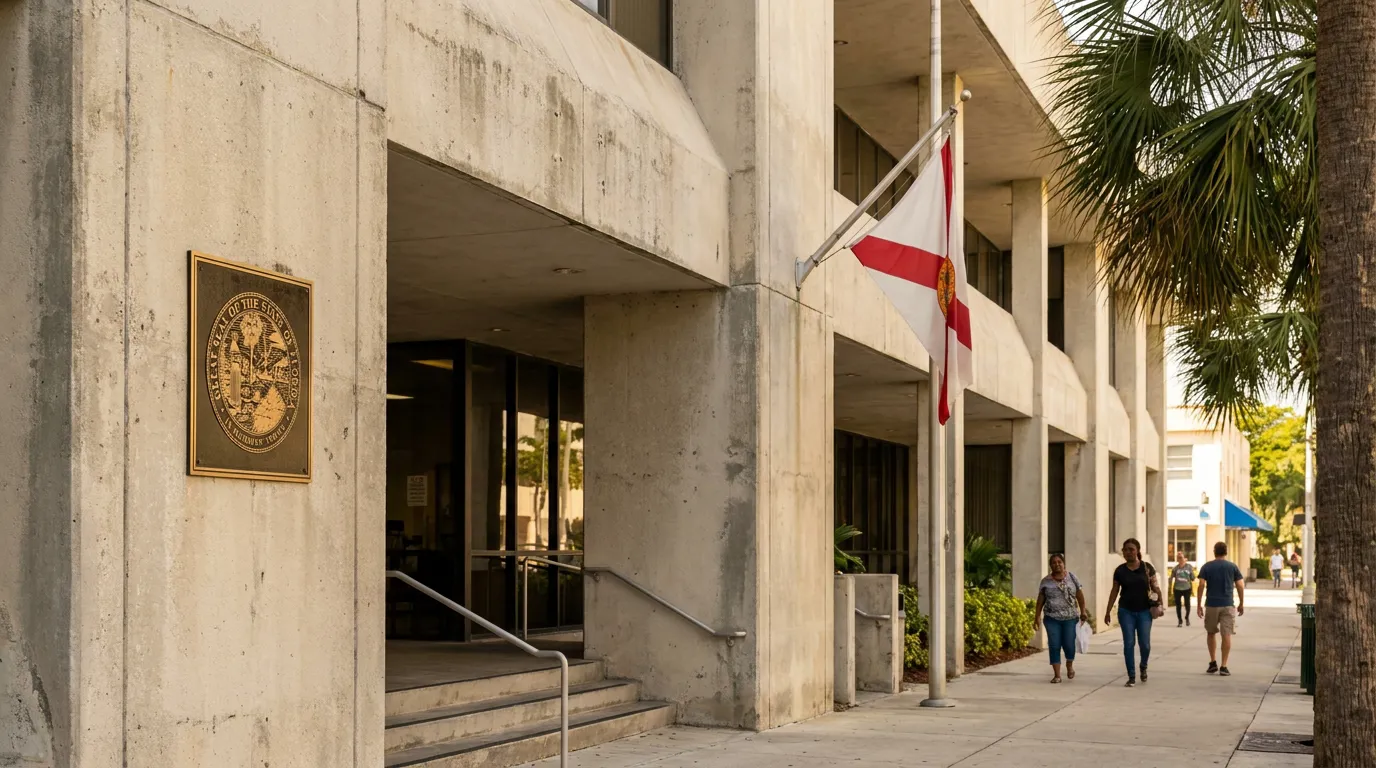 Florida state government building exterior with Great Seal plaque and state flag