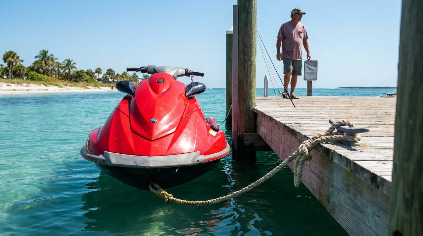 jet ski tied with rope to wooden dock near tropical beach