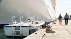 two people walking along dock beside moored small boat and large cruise ship