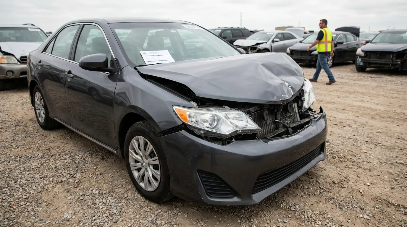 sedan with severe front-end collision damage parked in salvage yard