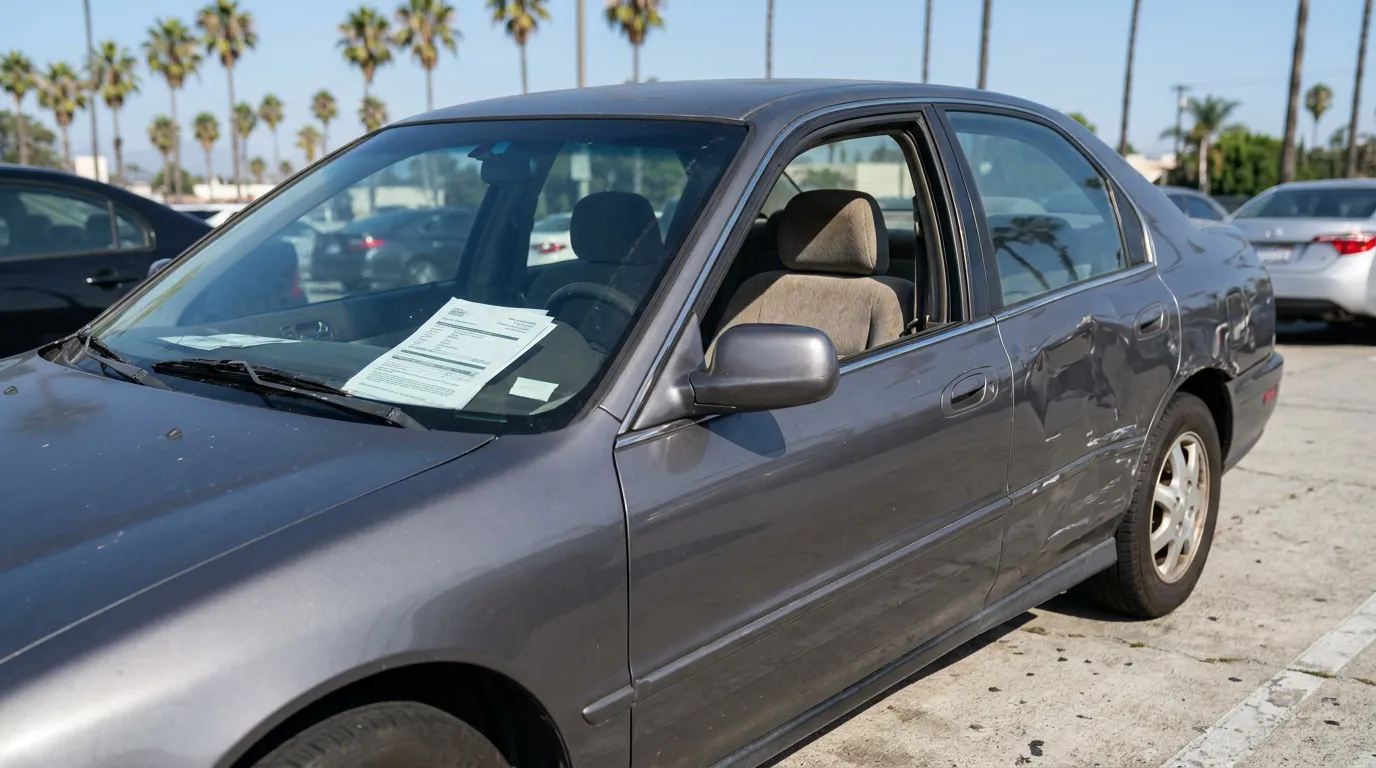 sedan parked in lot with legal document placed under windshield wiper