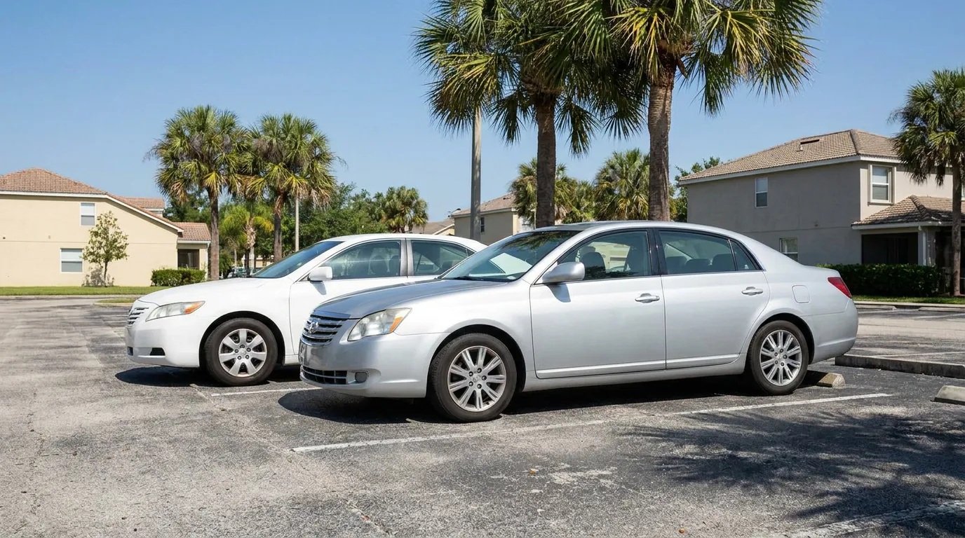 two Toyota sedans parked in residential parking lot near palm trees