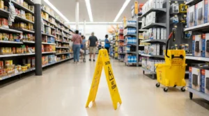 Caution Wet Floor sign and mop bucket in grocery store aisle with shoppers