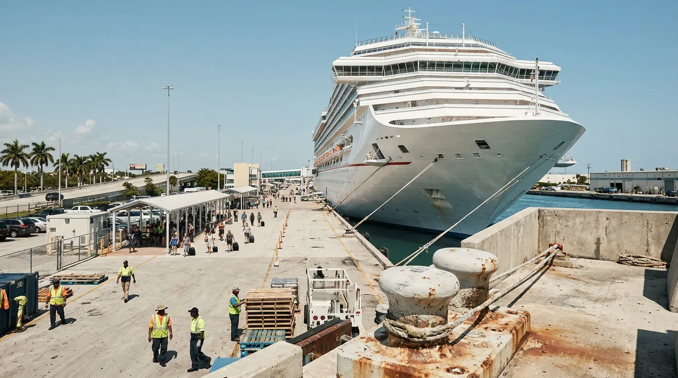 large cruise ship docked at port terminal with dock workers and passengers on pier