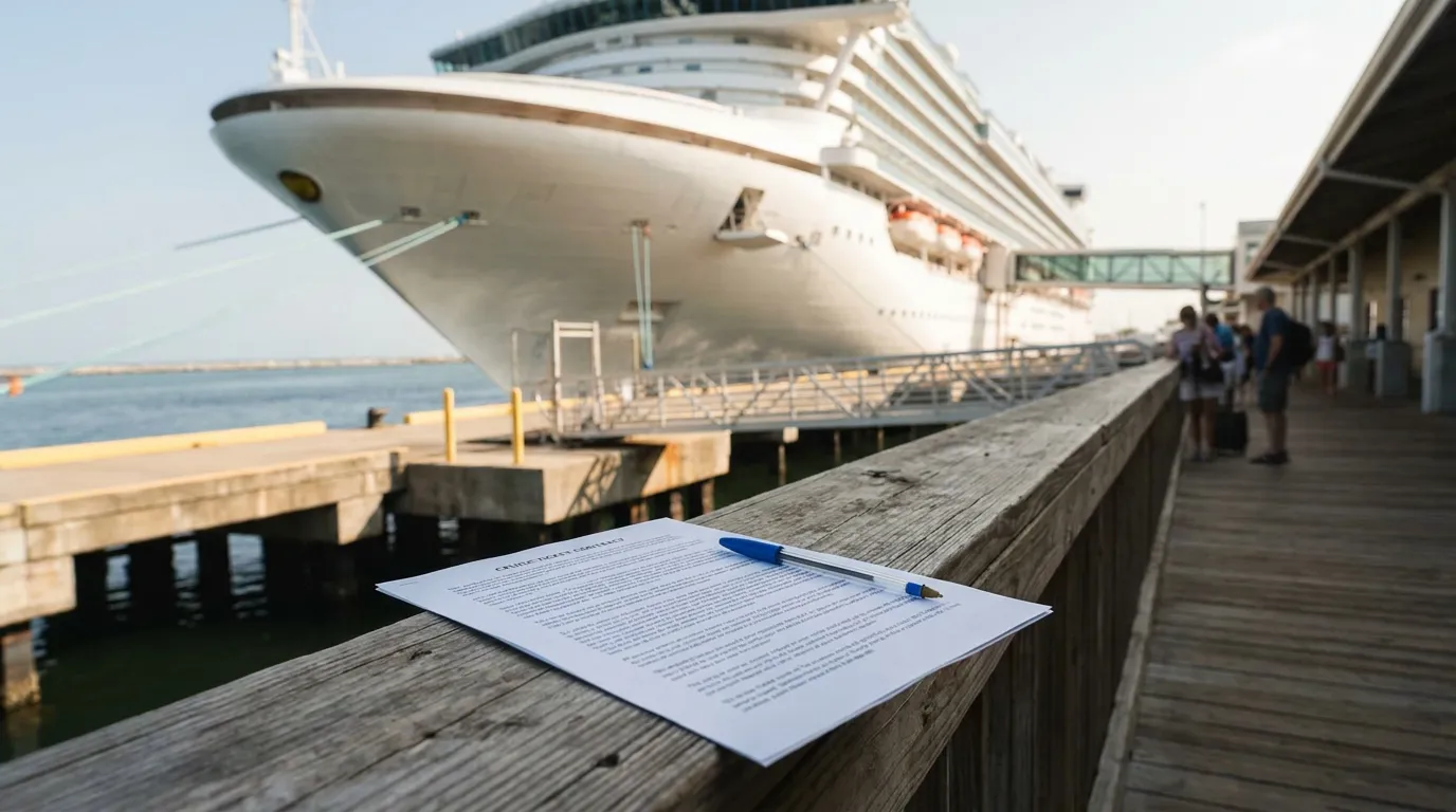 cruise ticket contract document with pen resting on dock railing beside docked cruise ship
