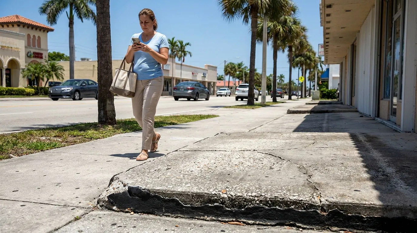 woman walking on phone near cracked uneven sidewalk on urban street