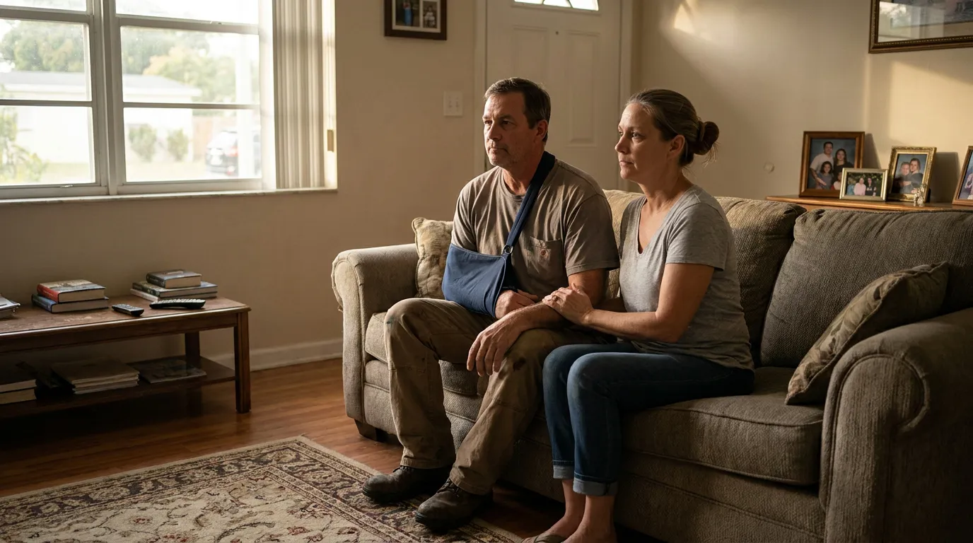 injured man wearing arm sling seated on couch beside supportive woman at home