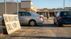 No Insurance Call 1-800 sign leaning against fence in parking lot with cars