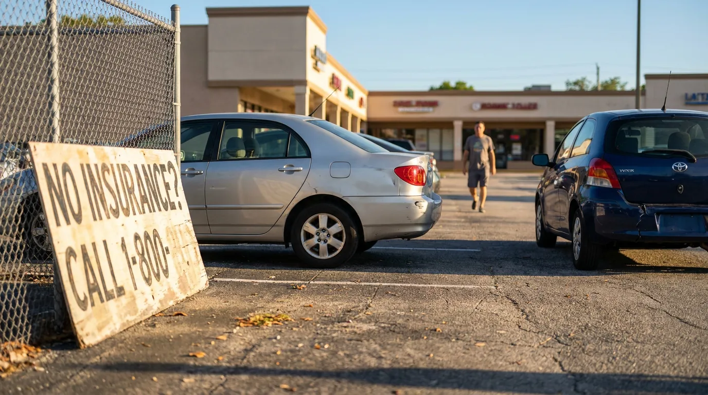 No Insurance Call 1-800 sign leaning against fence in parking lot with cars