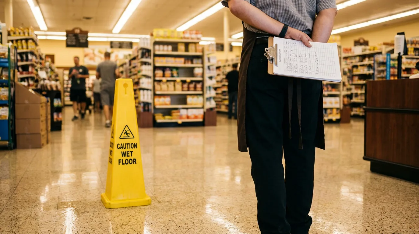 store employee holding clipboard standing beside caution wet floor sign in grocery aisle