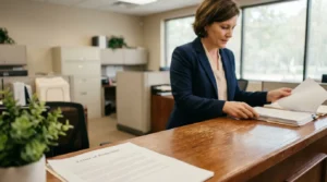 attorney reviewing documents beside Letter of Protection on wooden desk in law office