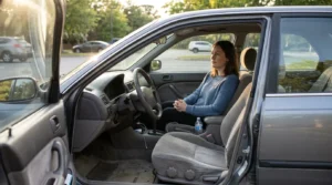 woman sitting in driver's seat of parked sedan with door open