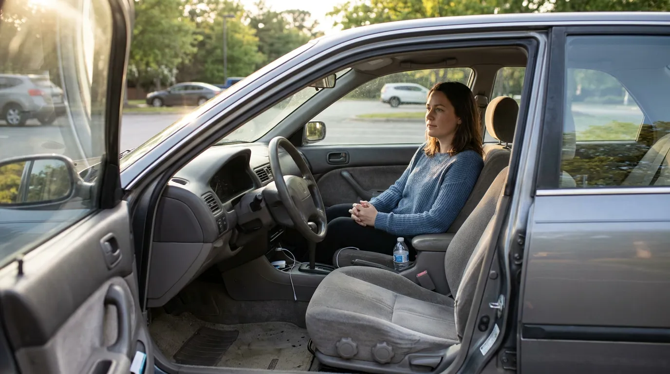 woman sitting in driver's seat of parked sedan with door open