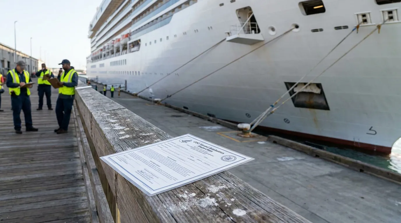CDC Vessel Sanitation Inspection form on dock beside docked cruise ship