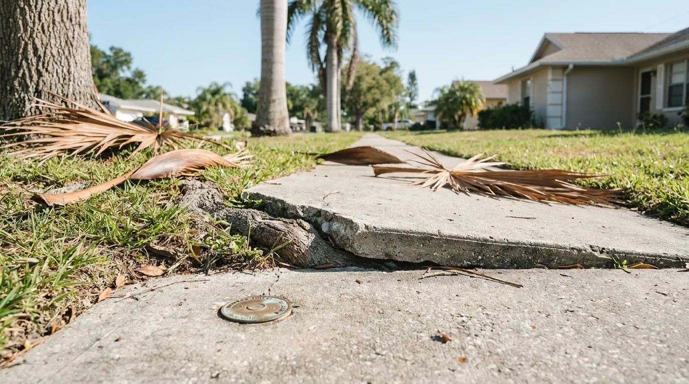 cracked and uplifted sidewalk slab caused by tree root in residential neighborhood