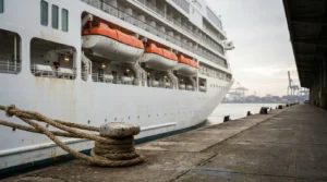 large cruise ship docked at port with lifeboats and mooring rope bollard