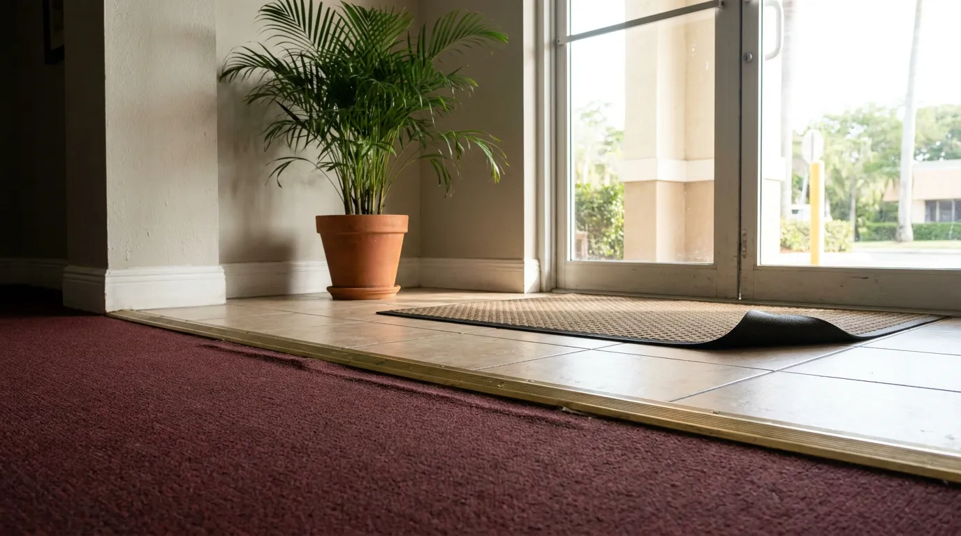 curled floor mat edge near building entrance creating visible trip hazard