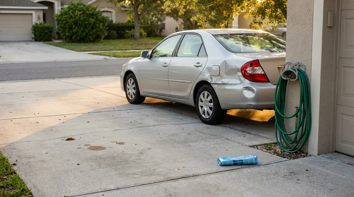 sedan with visible rear door and quarter panel collision damage parked in driveway