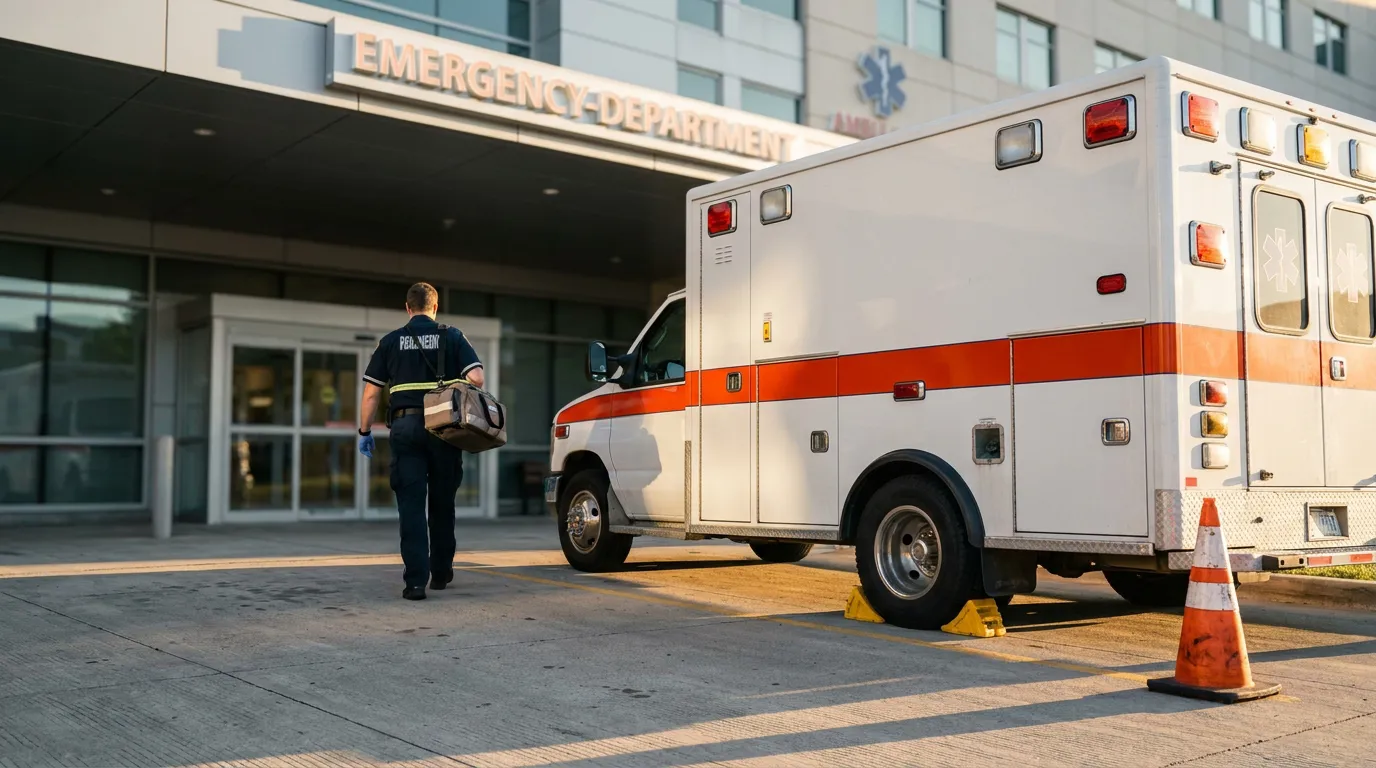 paramedic carrying bag walking toward hospital Emergency Department entrance beside ambulance