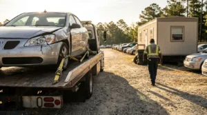damaged sedan strapped to flatbed tow truck at vehicle impound lot