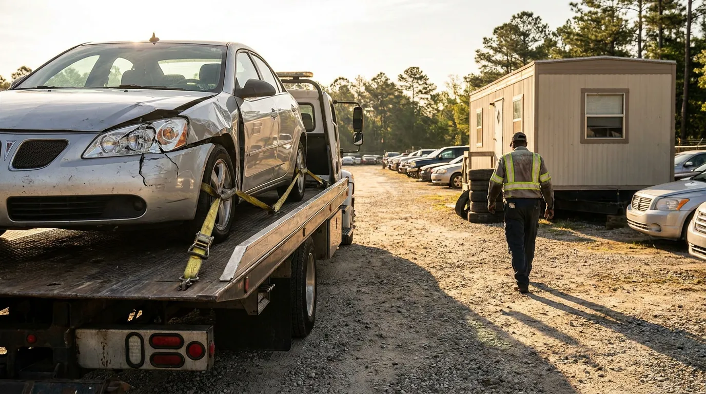 damaged sedan strapped to flatbed tow truck at vehicle impound lot